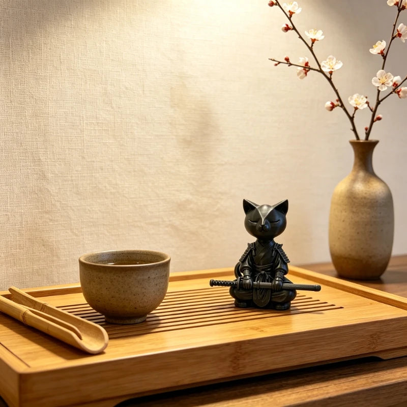 Samurai Cats Figurines Ornaments Japanese Warrior Cats Desktop Statues with Katana for Zen Home & Tea Room Feng Shui Decor Gifts Oasis Select