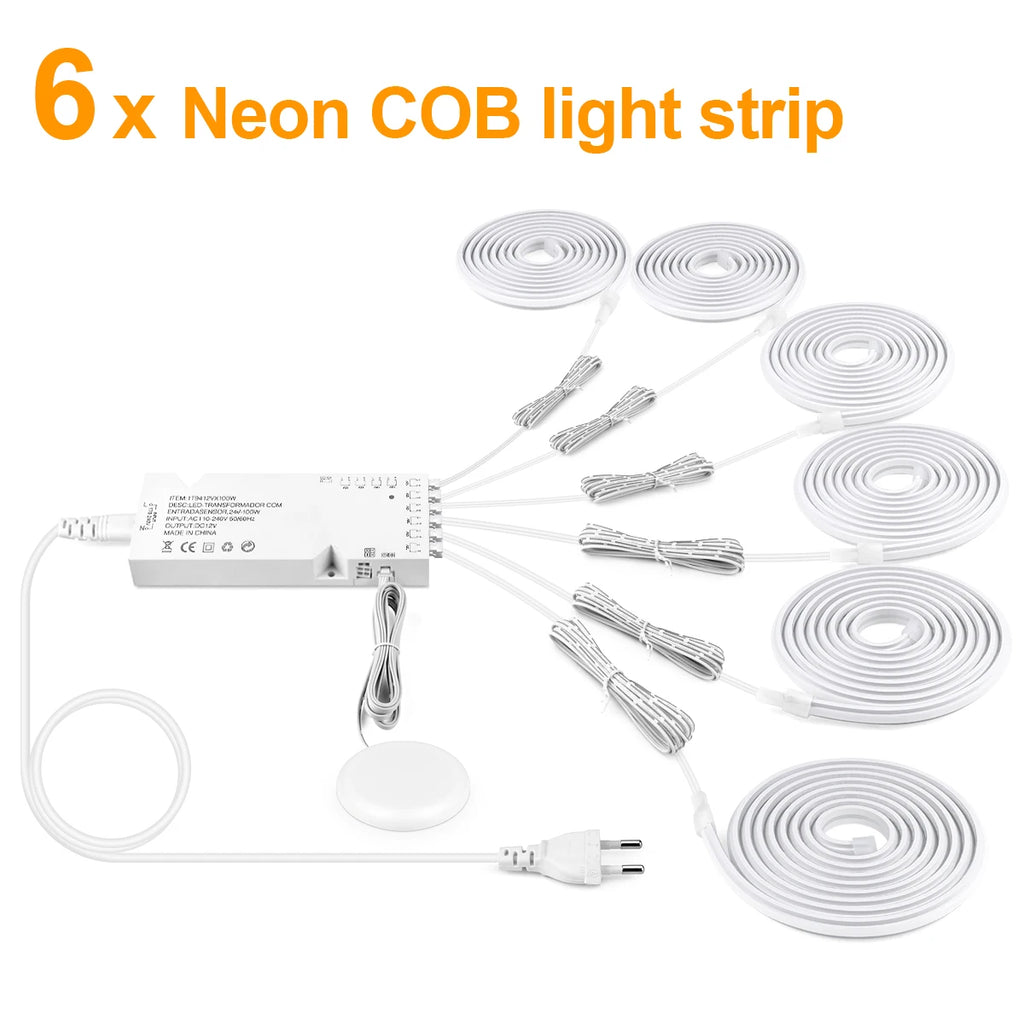 AC100V-240V to 24V Touch Control Swtich Dimmable COB LED Neon Strip Light for Multiple Closet Soundproof Panel Souvenir Cabinet Oasis Select 6PCS LED Neon Strip WHITE European Power Plug|1m