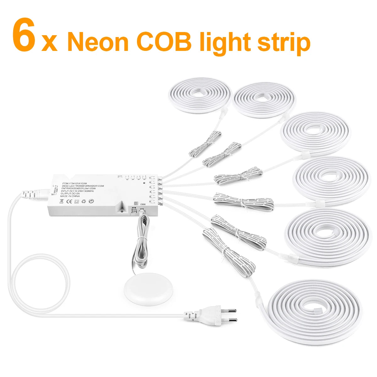 AC100V-240V to 24V Touch Control Swtich Dimmable COB LED Neon Strip Light for Multiple Closet Soundproof Panel Souvenir Cabinet Oasis Select 6PCS LED Neon Strip WHITE European Power Plug|1m