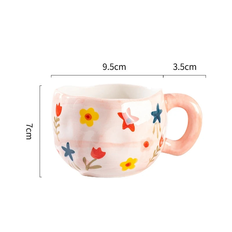 300ML Ceramic Mug Flower Heart Pattern Cute Hand Pinched Irregular Creative Style Coffee Cup Breakfast Milk Afternoon Tea Cups Oasis Select Pink-Flower 300ml