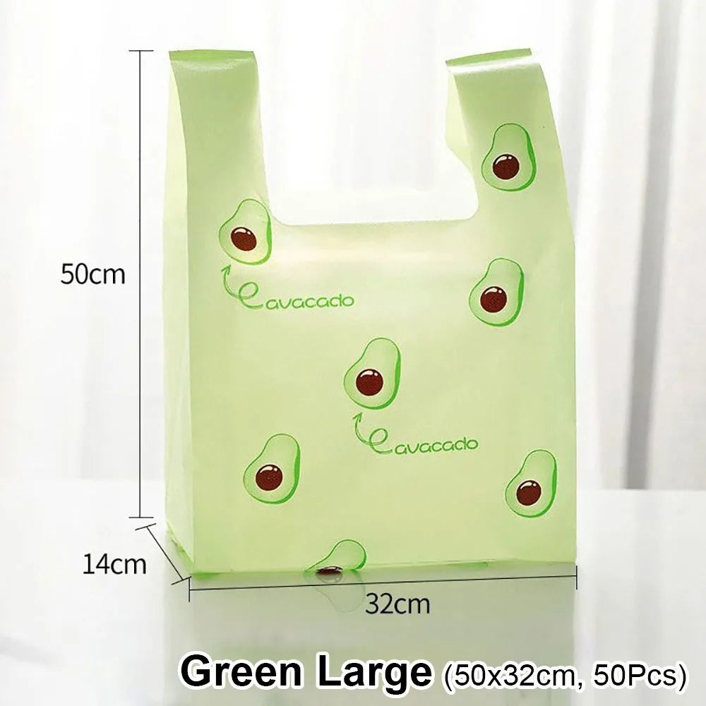 50Pcs Cute Fruit Plastic Bag Vest Bag Carry Out Bags With Handle Supermarket Shopping Takeaway Packaging Bag Home Storage Bag Oasis Select 50Pcs Green L