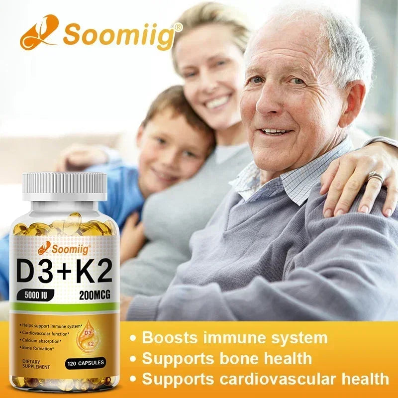 Vitamin D3 5000IU and 200 Mcg Vitamin K2 (MK-7) Capsules for Calcium Absorption, Bone Regeneration, Immune Support, Easy To Melt Oasis Select