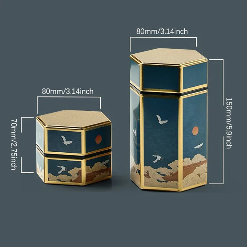 Creative Hexagonal Tea Pot Tin Can Chinese Tinplate Tea Storage Tank Small Sealed Portable Tea Box Empty Can Tea Set Accessories Oasis Select