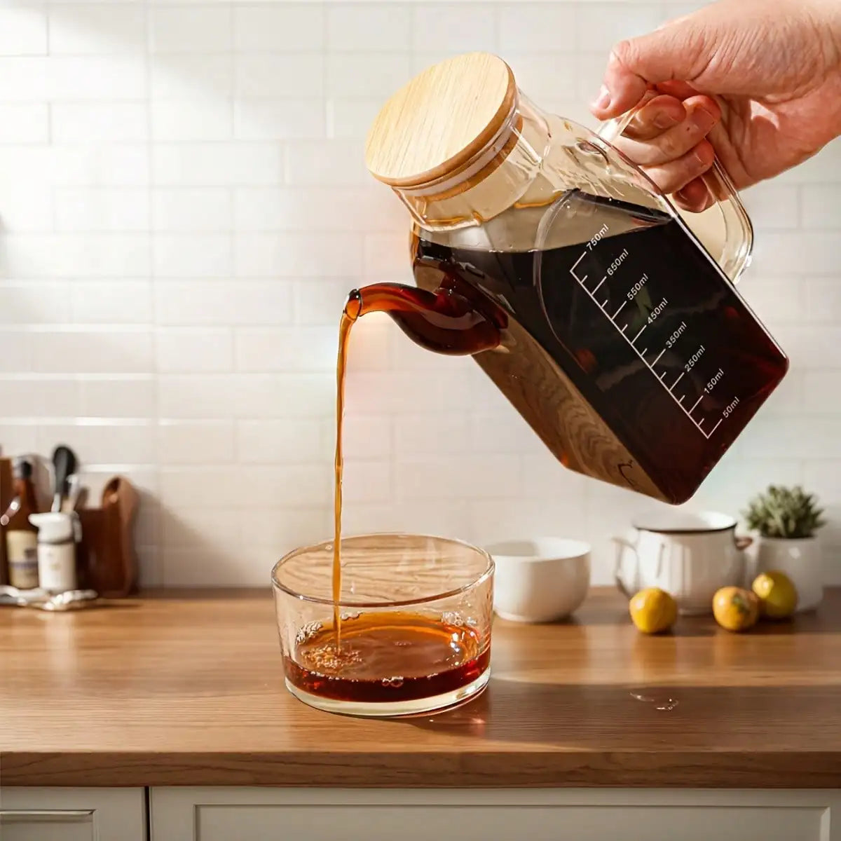 Glass Oil Pot 1000ml Large Capacity Vinegar Pot with Lid with Measurement Markings Hand Wash Only -Home Use Kitchen Accessories Oasis Select 750ml