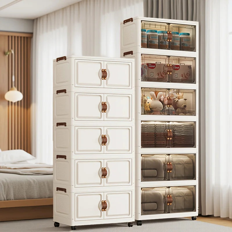 48cm Wide Foldable Storage Cabinet with Rolling Wheels,3-6 Tier White/Black, for Bathroom/Bedroom/Living Room Organization Oasis Select