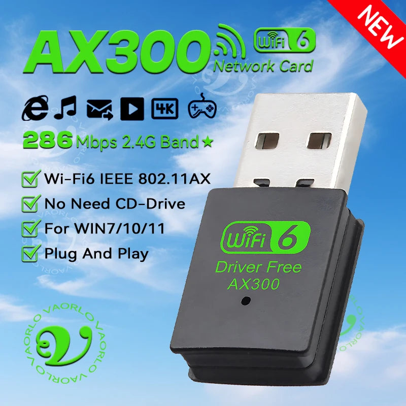 USB WiFi Adapter 802.11AX Wi-Fi6 AX300 2.4G Drive Free Mini Wireless Network Card Receiver Dongle WLAN For PC Laptop Win7/10/11 Oasis Select