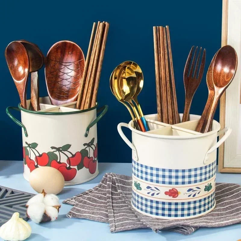 Retro Tableware Storage Bucket Draining Rack with Divider Kitchen Knife and Fork Storage Box Home Decoration for Kitchen Tools Oasis Select