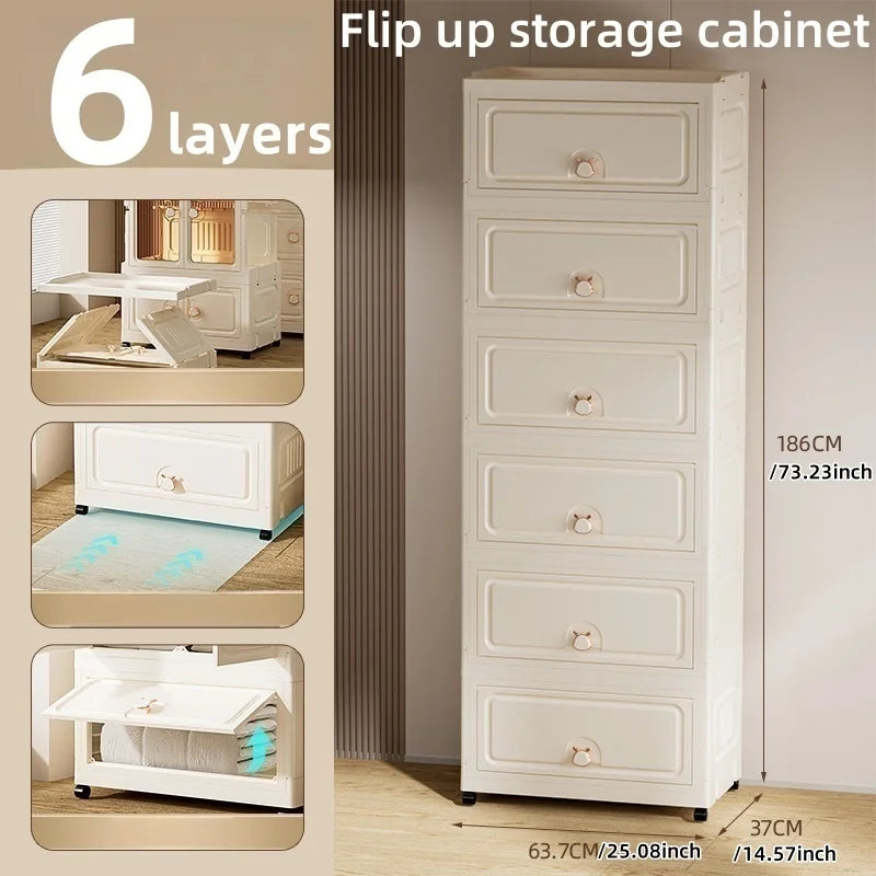 Foldable Storage Cabinet,Multi-Tier Heavy-Duty Organizer with Single/Double Door Design,Rolling Wheels for Living Room/Bedroom Oasis Select 1door 6 Layers