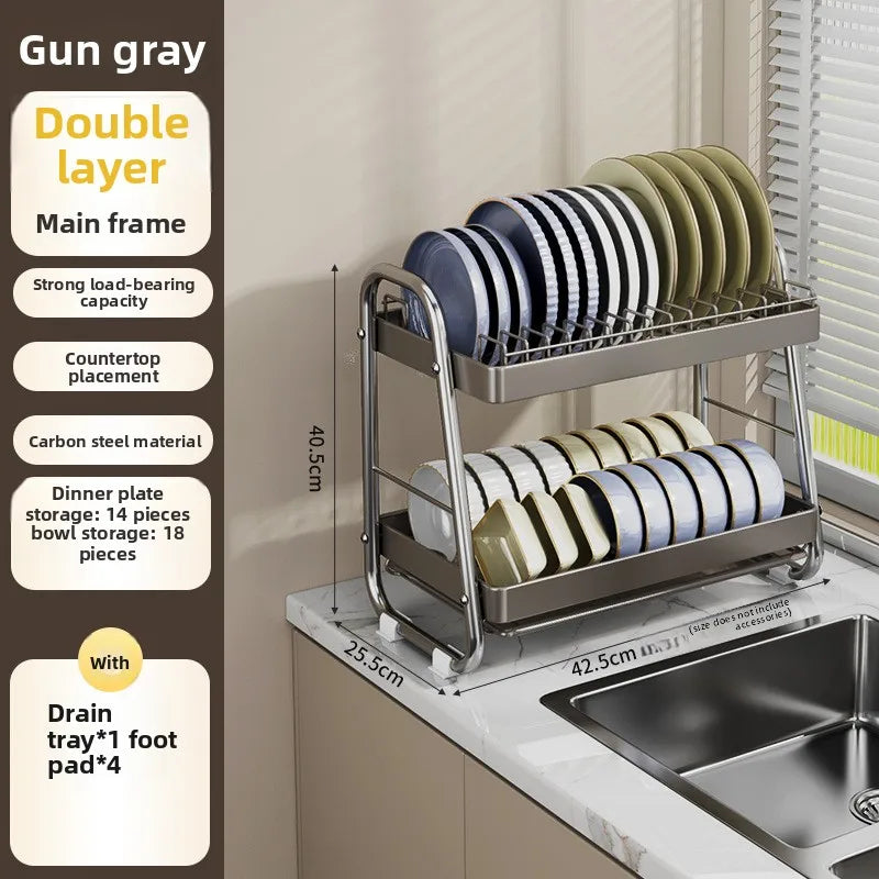 Kitchen Bowl Rack Drain Rack Stainless Steel Tableware Plate Storage Shelf Milk White Household Multifunctional Countertop Oasis Select Grey double layer