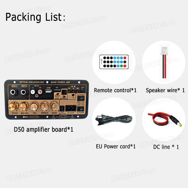 DC 12V Bluetooth 5.0 Digital Audio Amplifier Board AC 110V 220V Subwoofer Dual Mic Karaoke AMP Speaker Home Theater DIY 30W 50W Oasis Select D50 EU