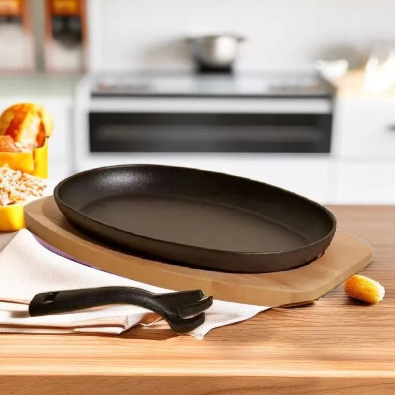 Cast Iron Skillet with Wooden Tray and Metal Spatula, for Grilled Fish and Grilling, Kitchen Essentials Oval Steak Pan Oasis Select