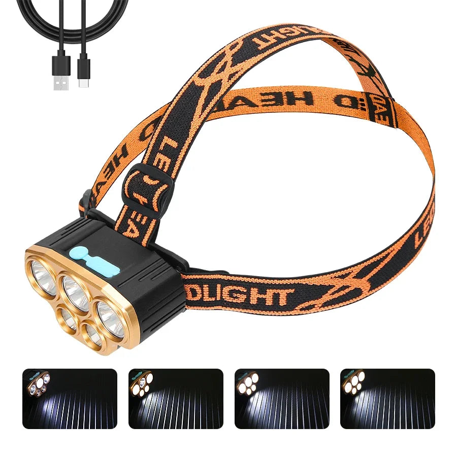 Rechargeable 5 LED Headlight Ultra Bright Powerful Waterproof Head Flashlight Head Torch for Outdoor Camping Running Lighting Oasis Select Orange
