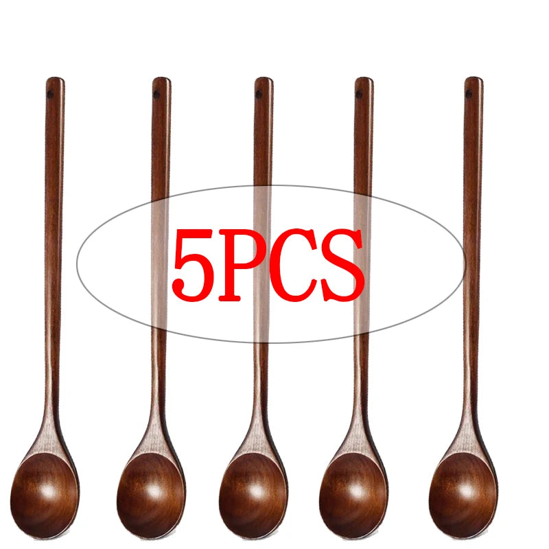 Long Handle Wooden Stirring Spoons – 13" Natural Wood Set Wooden Cooking Spoon Oasis Select 5pcs Dark color