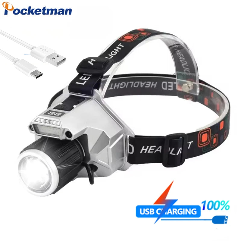 Smart Motion Sensor LED Headlamp Type-C USB Rechargeable Headlight Super Bright Rotary Zoom Head Lamp Red/Blue Warning Lights Oasis Select