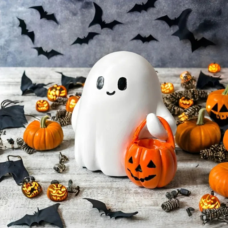 Indoor Outdoor Cute Ghost Statue Holding Pumpkin Statue Resin Halloween Home Decorations for Living Room Bedroom Garden Oasis Select
