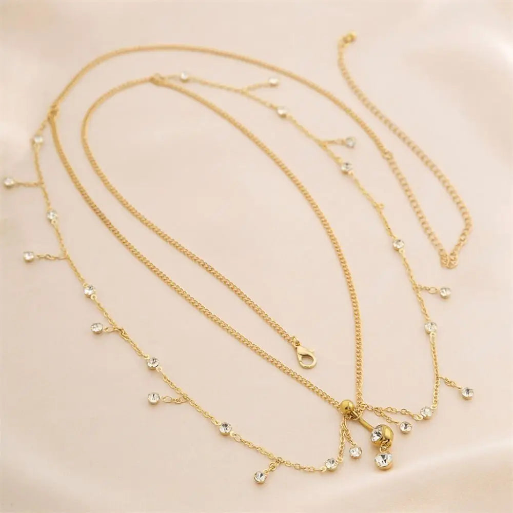 Water Drop Pendant Boho Waist Chain Double Layer Sparkling Zircon Belly Waist Chain Gold Silver Color Tassel Oasis Select