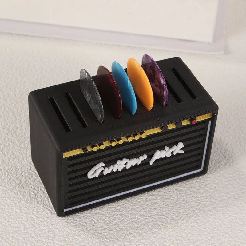2025 New 1pc Guitar Pick Storage Box + 5pcs Picks, Random Color Retro Speaker Design Multi-Compartment Organizer Oasis Select