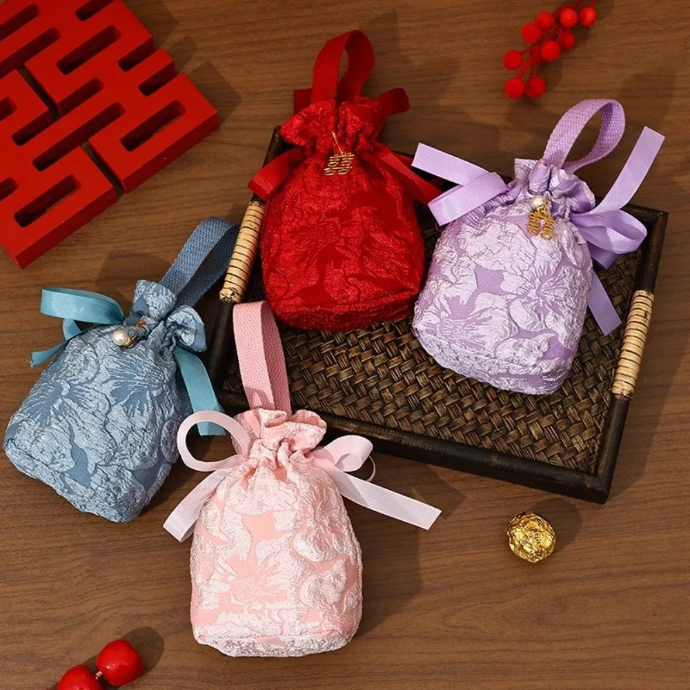 Chinese Style Embossed Flower Drawstring Candy Gift Bag