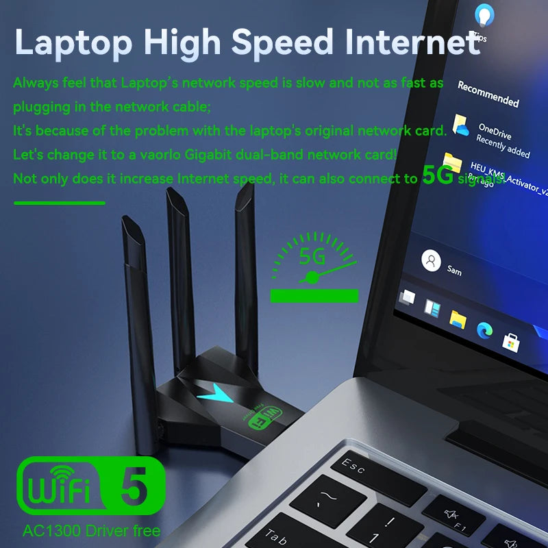Dual Band 1300Mbps WiFi USB Adapter 2.4G/5Ghz Wi-Fi Dongle USB3.0 802.11AC 4-Antenna Wireless Receiver For PC/Laptop Driver Free Oasis Select