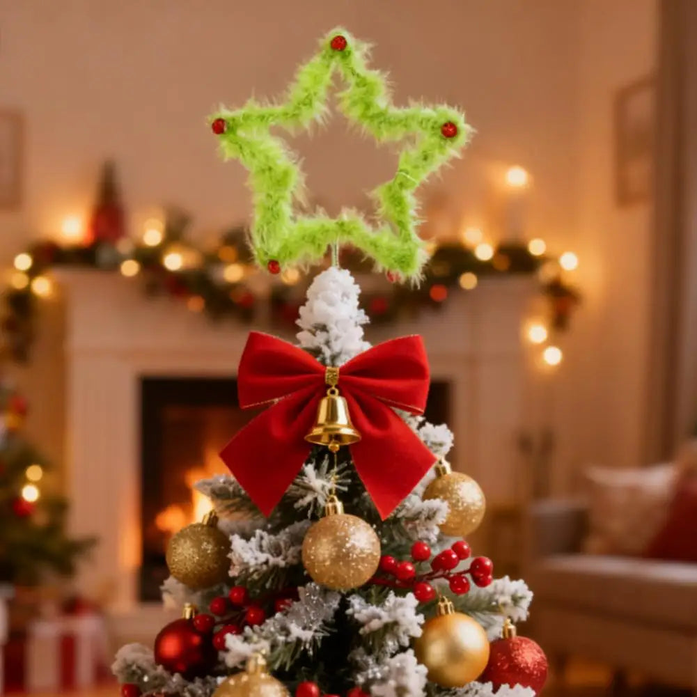 Christmas Fuzzy Grinch Star Tree Topper Iron Green Plush Holiday Festive Creative Home Party Decor Ornament Oasis Select