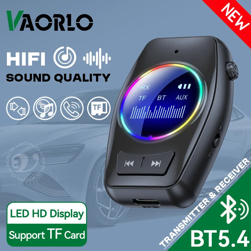 RGB Bluetooth 5.4 Audio Transmitter Receiver LED Display Hifi Music Wireless Adapter With Mic 3.5MM AUX TF Card Play For TV Car Oasis Select