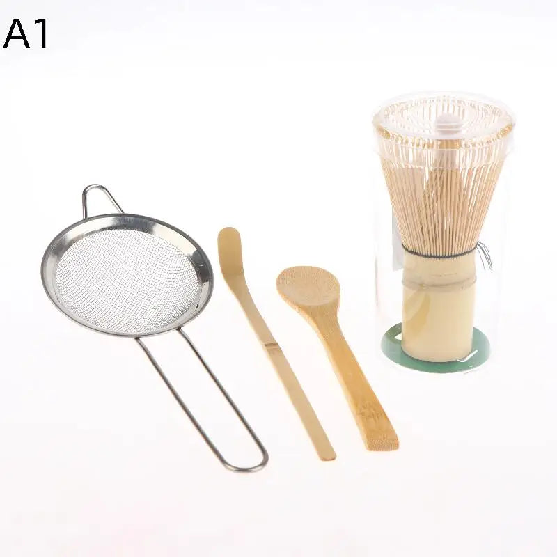 4Pcs Handmade Bamboo Matcha Whisk Set with Traditional Deep Scoop Tea Strainer Clear Storage Holder for Japanese Tea Ceremony Oasis Select A1