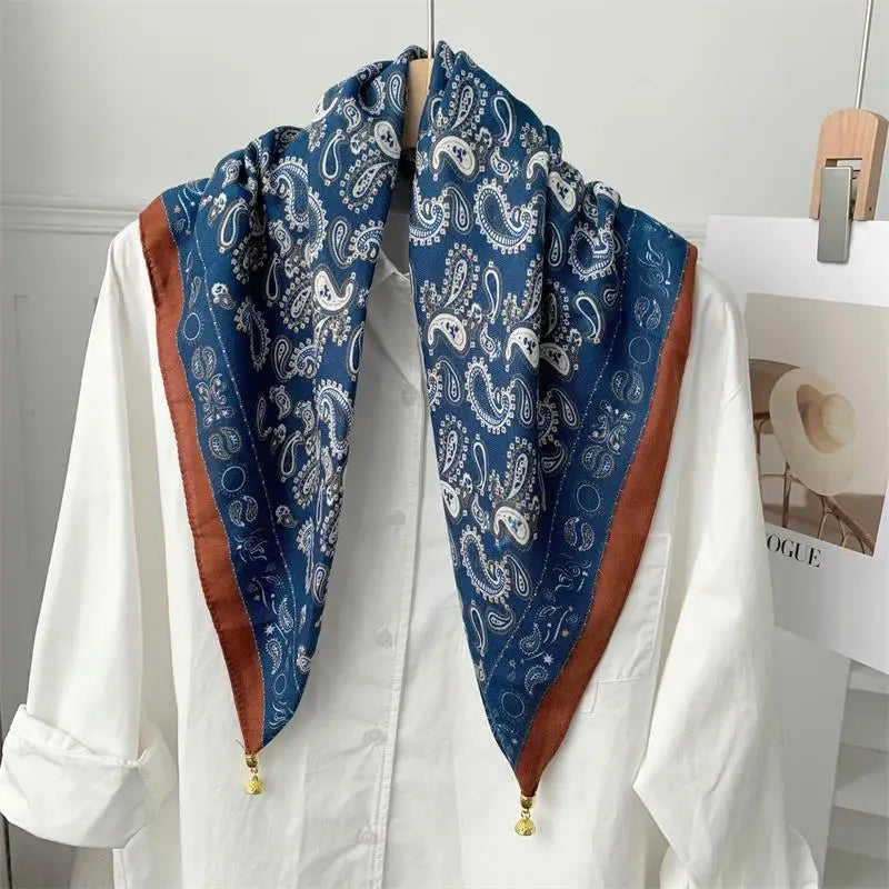70x70 Retro Print Square Silk Scarf with Magnetic Buckle