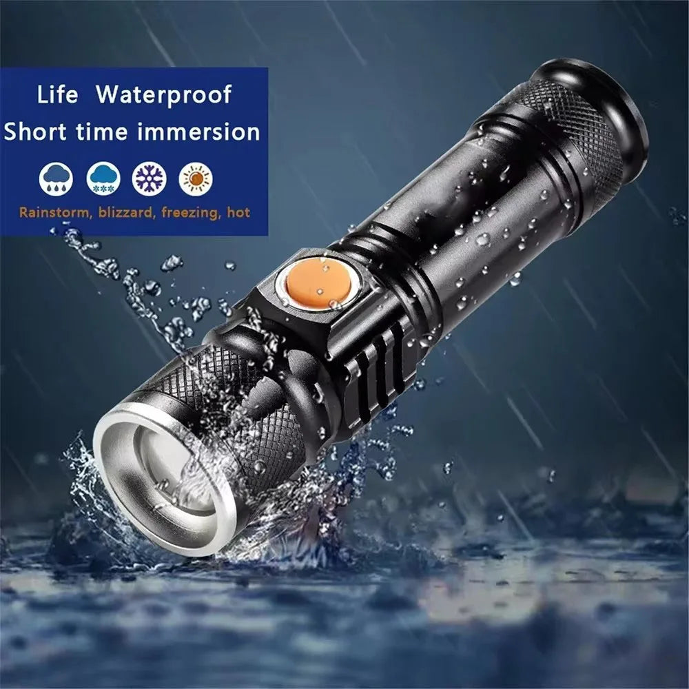Powerful LED Flashlight With Tail USB Charging Head Zoomable waterproof Torch Portable light 3 Lighting modes Built-in battery Oasis Select