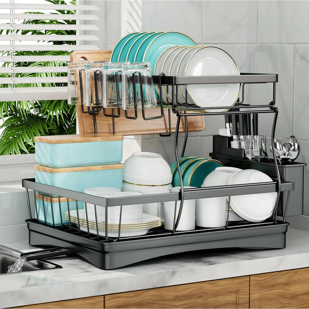 Large 2-tier dish drying rack for kitchen countertops, removable large-capacity dish draining rack Oasis Select black 2-tier