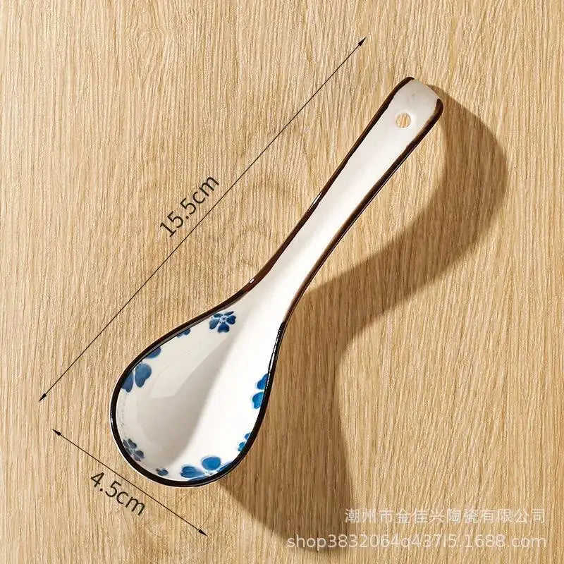 Japanese-style Small Blue And White Ceramic Spoon With Underglaze Decoration, Extended Length For Soup And Noodle Serving Oasis Select 1
