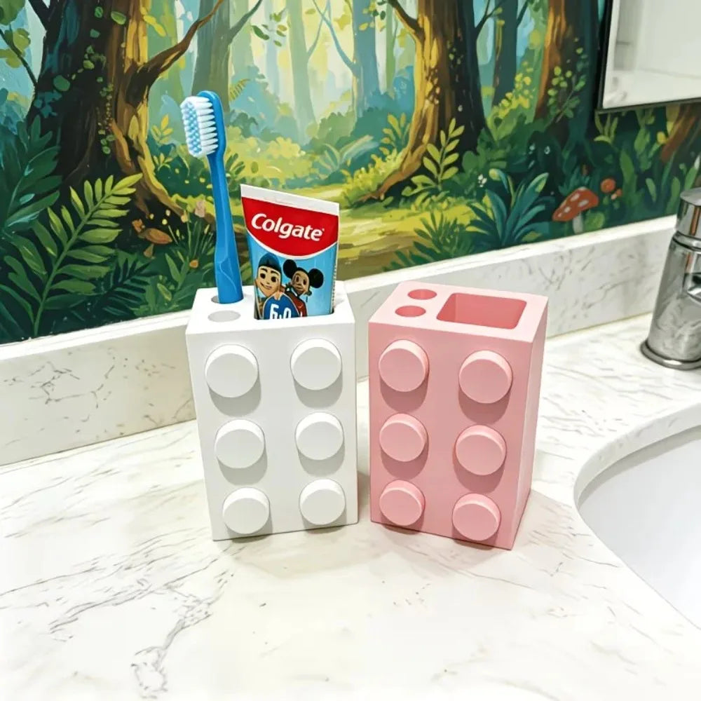 Cute Building Block Toothbrush Storage Rack Multi-Purpose Bathroom Counter Organizer Practical Washroom Vanity Accessory Decor Oasis Select