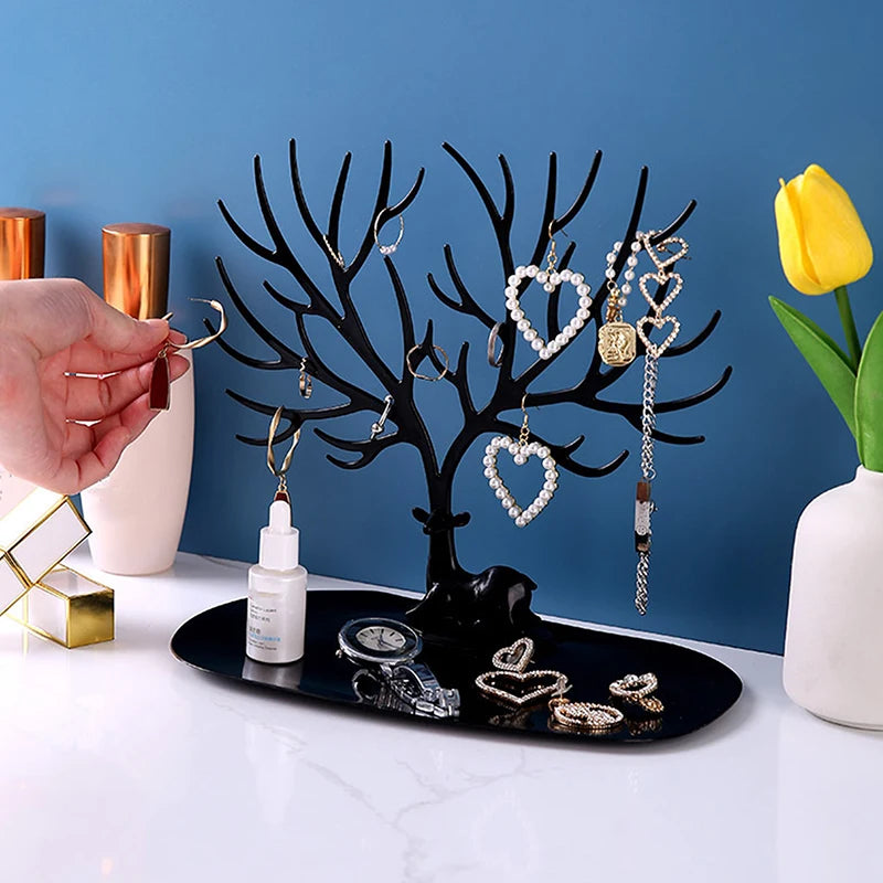 Multi-functional Desktop Jewelry Tree Stand Display Organizer with Tray for Earrings Necklaces Rings Jewelry Storage Box Decor Oasis Select