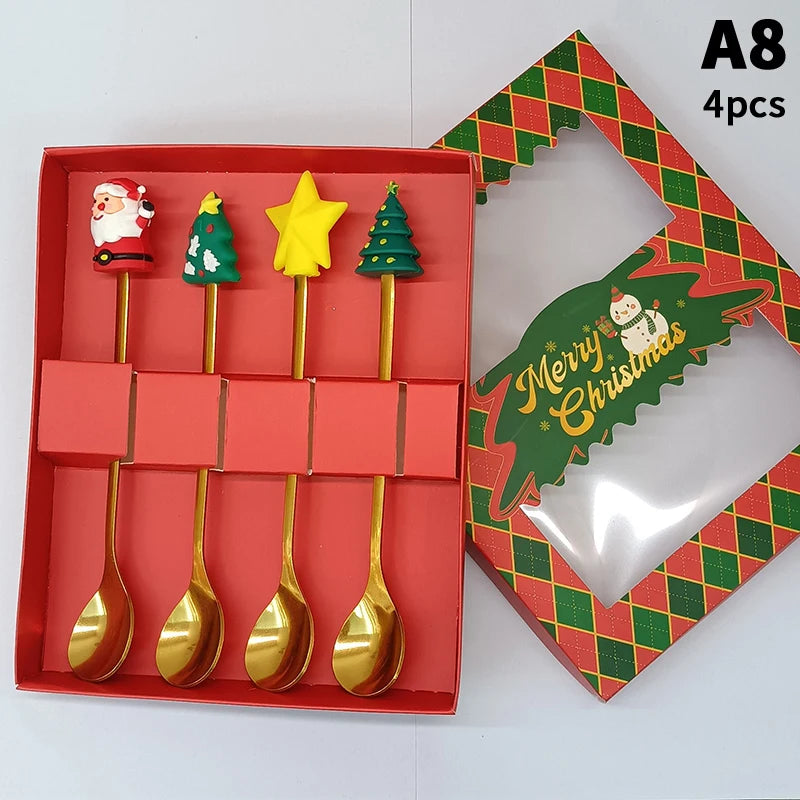 Stainless Steel Christmas Dessert Spoons Cake Forks with Cartoon Christmas Tree Elk Design - Set of 1/2/4/6 - Gift Box Included Oasis Select A8
