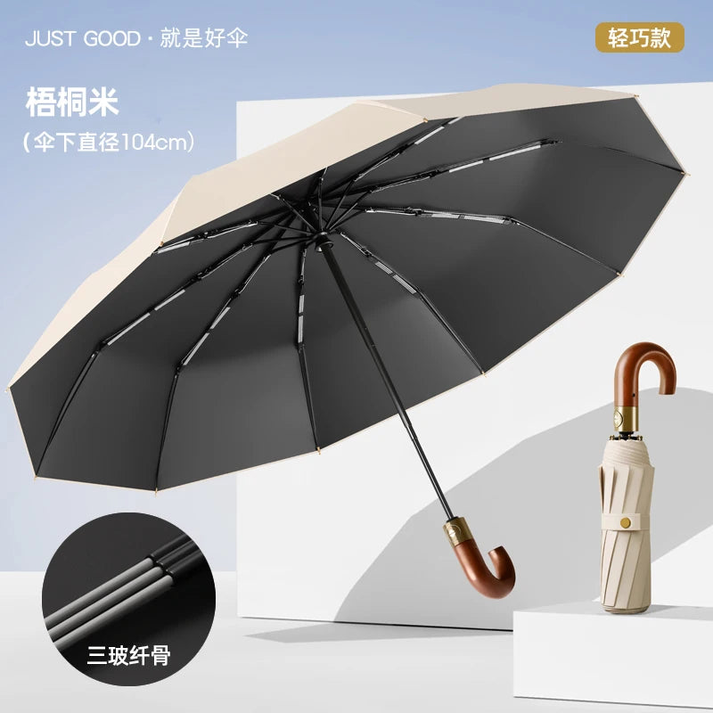 Automatic Umbrella Bent Hook Wooden Handle Umbrella Large Double Thickened Storm Resistant Umbrella Oasis Select Beige 104cm 10K metal-fiber composite