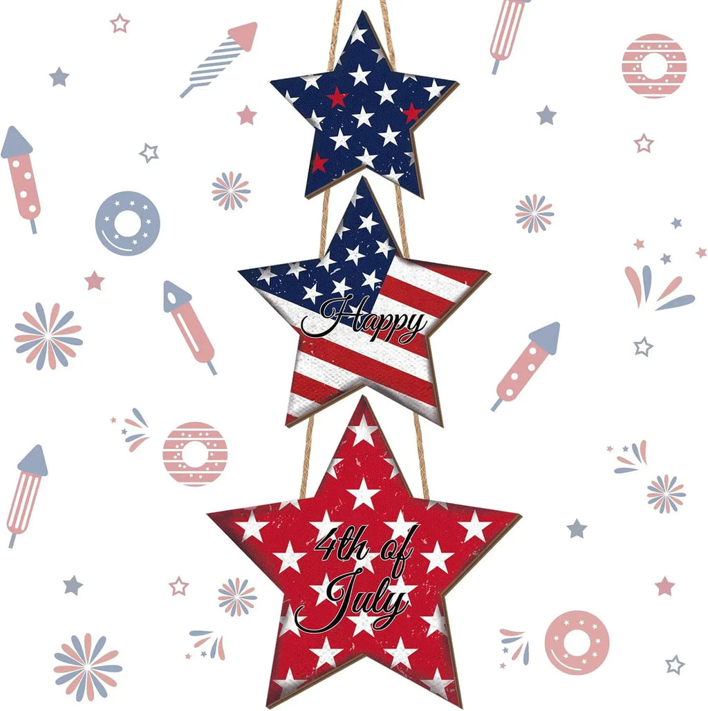 Independence Day Wooden Front Door Welcome Star Garland - Wooden Red, White and Blue Star Sign Door Plate Decoration Oasis Select Star sling