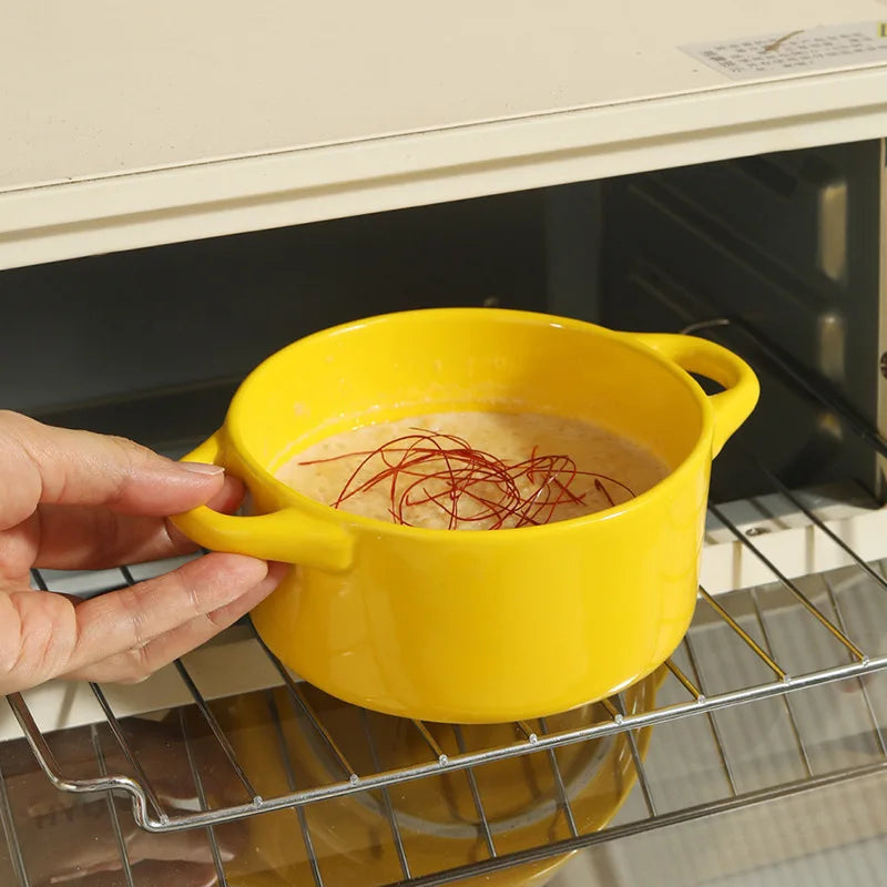 1Pc Small Ceramic Double Ear Bowl - Oven Safe for Steamed Egg Custard, Household Stew Soup, Pudding Baking & Stewing Pot Oasis Select
