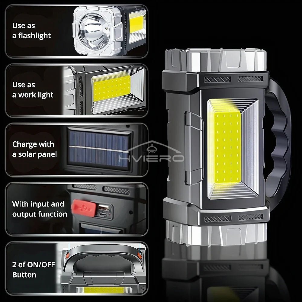 HVIERO COB LED Flashlight – Solar USB Rechargeable, Waterproof