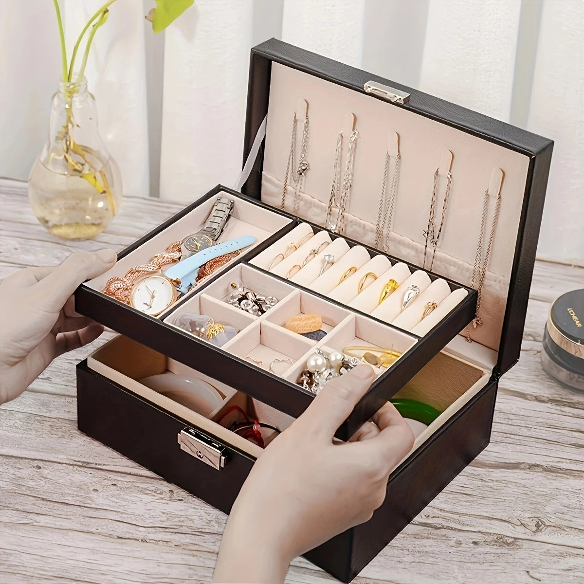 1pc Simple Double-layer Jewelry Storage Box for Ring Necklace Storage with Lock Decoration Jewelry Packaging Jewelry Organizer Oasis Select