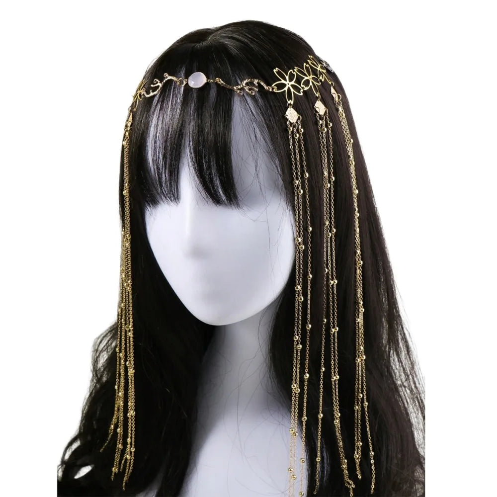 Women Accessory Crystal Water Drop Tassel Head Chain Long Tassel Golden Eyebrow Center Pendant Vintage Forehead Ornament Wedding Oasis Select Gold