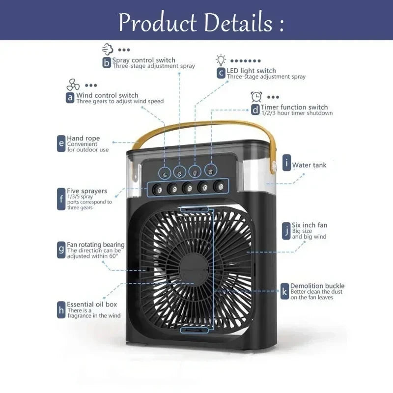 3-in-1 Portable Air Cooler Fan with Humidifier & LED Light