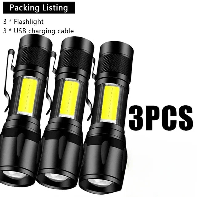USB Rechargeable Mini COB+XPE Flashlight | Zoomable 3-Mode Torch