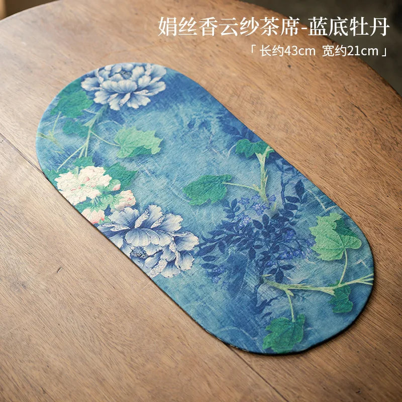 Double-sided Silk Fragrant Cloud Yarn Tea Mat Chinese Style Tea Table Heat Insulation Waterproof Mat Chinese Zen Dry Foam Mat Oasis Select Background Peony 1