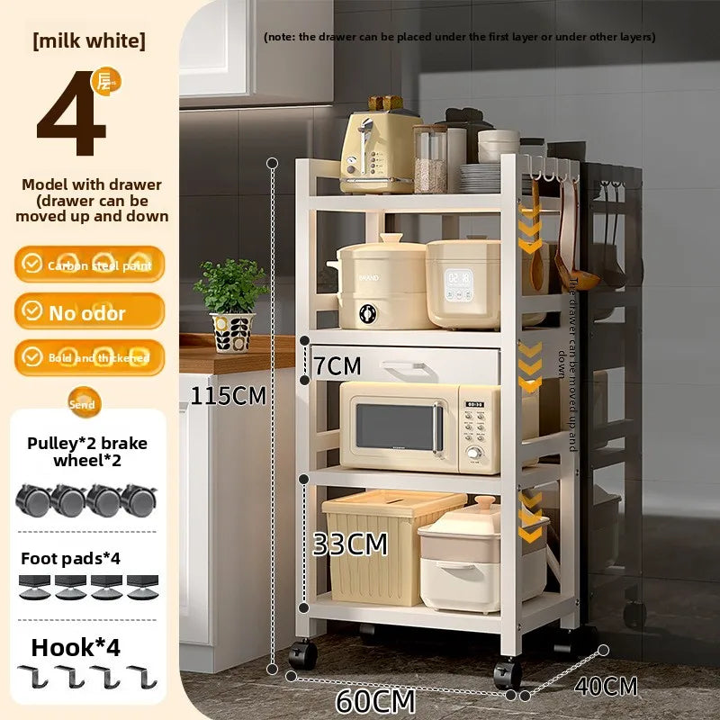 Kitchen rack Floor-to-ceiling multi-layer crevice storage rack Oven microwave oven with drawer storage rack Durable Oasis Select White-60-4