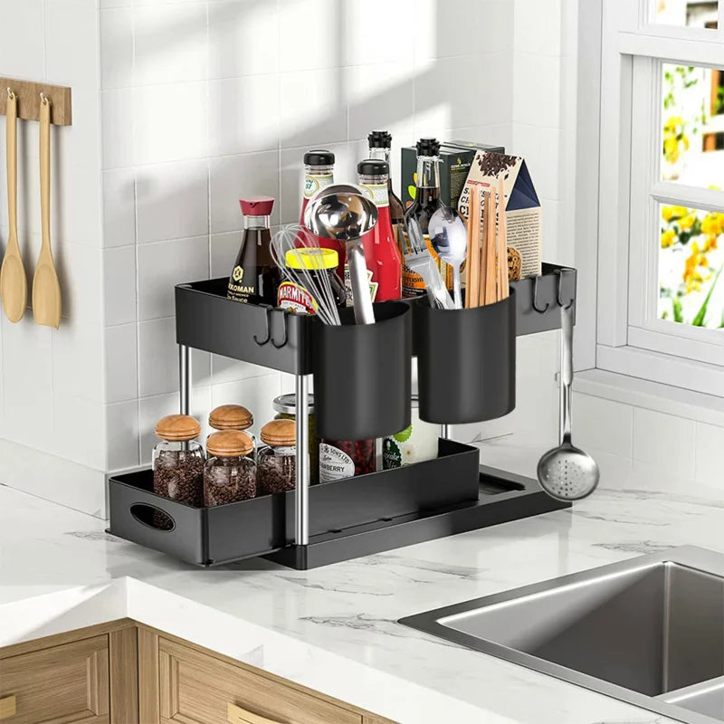 2 Tier Under Sink Organizer For Bathroom Kitchen Storage Sliding Drawer Pull Out Under Sink Cabinet Organizers Kitchen Organizer Oasis Select