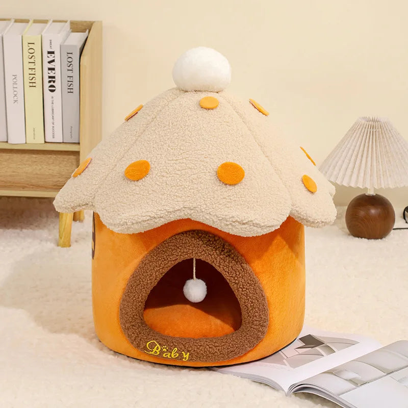 Mushroom House Cat Bed Pet House Dog and Cat Shelter Winter Closed and Warm Mushroom Cat House Detachable Oasis Select yellow M 39x39cm
