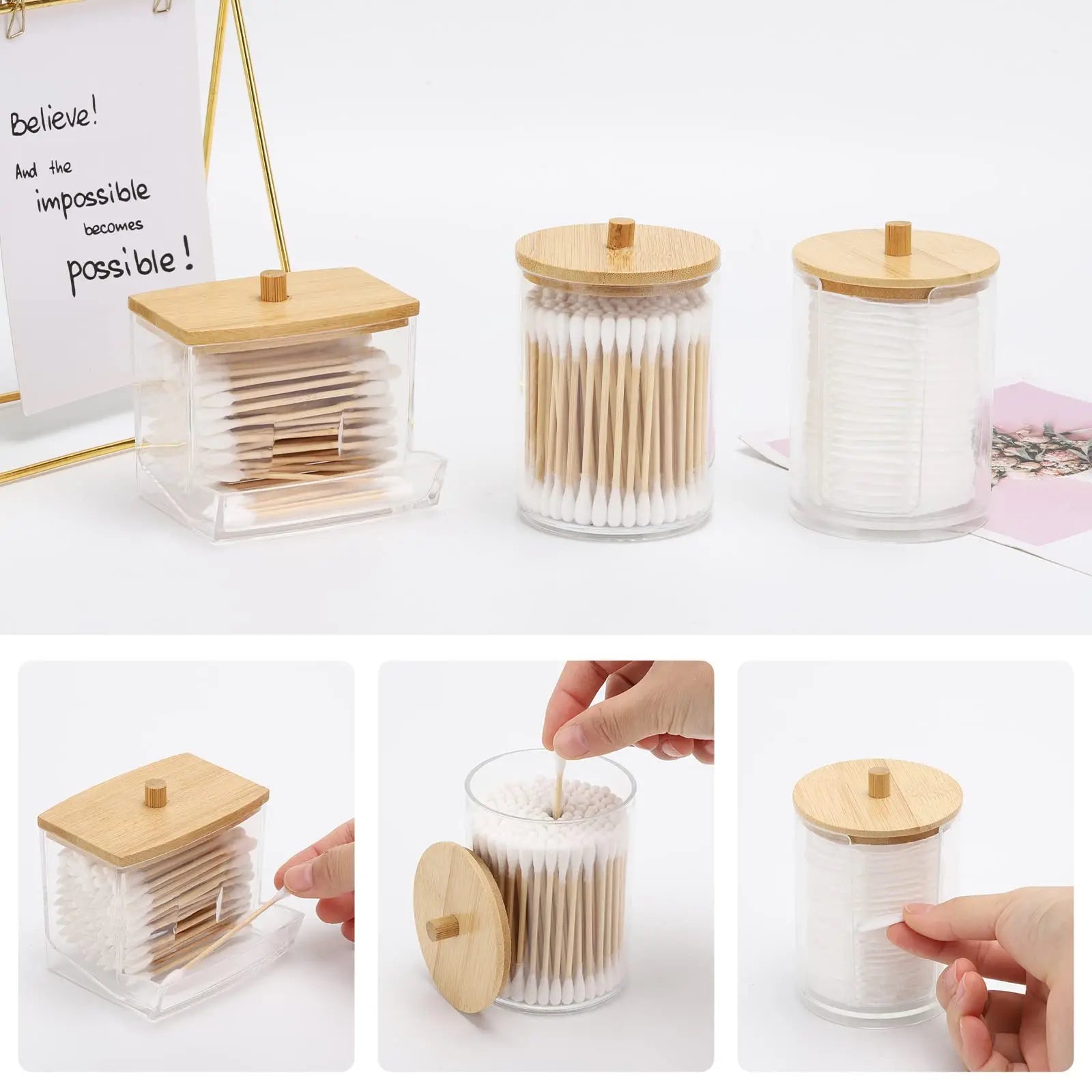 4 Pack Cotton Swab Holder Dispenser, Apothecary Jars Restroom Bathroom Containers for Floss, Cotton Ball, Cotton Swab Oasis Select