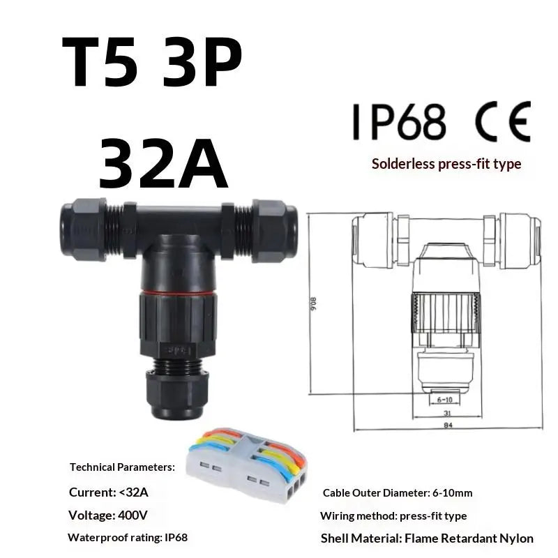 1Pc Quick Screw Push-in Terminal, IP68 Waterproof T-Type Electrical Connector 2/3/4/5 Pin, Wiring Harness Junction Box Connector Oasis Select T5 3PIN 32A