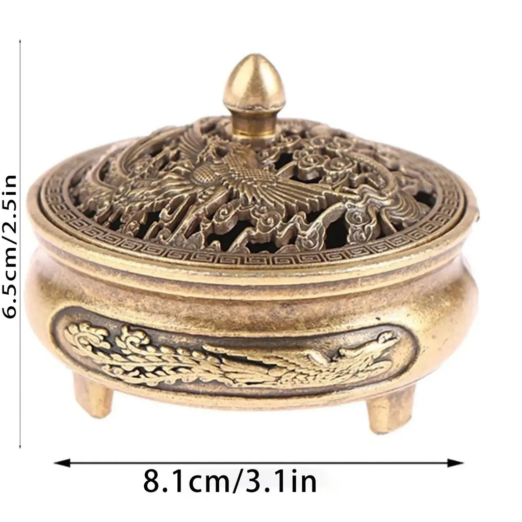 Antique Brass Hollow Dragon Phoenix Incense Burner Incense Mini Ornaments for Home Chinese Ancient Tea Desk Decor Indoor Perfume Oasis Select