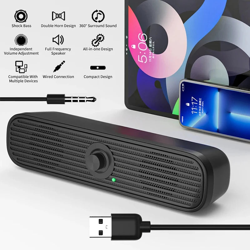 AyeBeau Wired Soundbar Speaker for PC TV Laptop | 2.0 USB Audio
