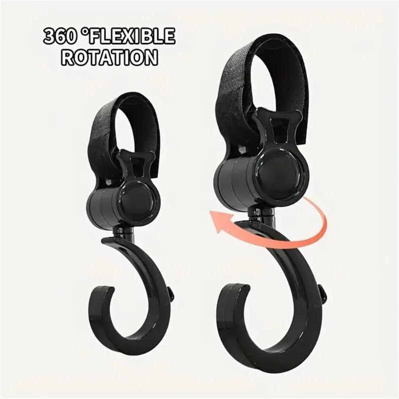 2pcs Rotatable Stroller Hook Adjustable Binding Belt Hanging Holder Multi Purpose Storage Hook For Baby Carriage Outdoor Walk Oasis Select